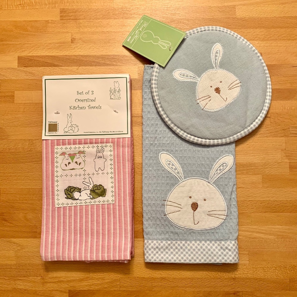 Easter Bunny Kitchen Tea Towels Set of 3 and Bunny Tea Towel & Pot Holder Set
